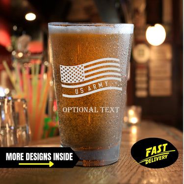 US Army With American Flag Engraved Pint Glass